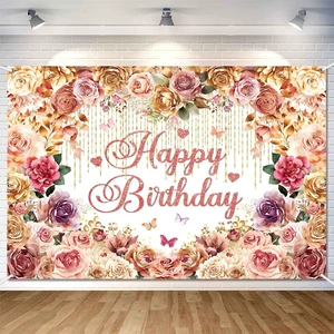 7x5ft Floral Happy Birthday Banner Backdrop Rose Gold Flowers Birthday Party Decorations for Women Pink Roses Theme Reusable Fabric Photography Background Indoor Outdoor 7x5ft Floral Happy Birthday Banner Backdrop Rose Gold Flowers Birthday Party Decorations for Women Pink Roses Theme Reusable Fabric Photography Background Indoor Outdoor