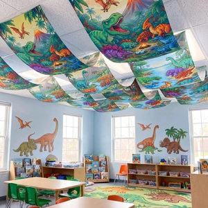 3 Pcs Dinosaur Themed Ceiling Decorations, 2 x 12 ft Hanging Fabric Ornaments, Prehistoric Style Party Supplies for Birthday Baby Shower Classroom Photo Backdrop & Various Events 3 Pcs Dinosaur Themed Ceiling Decorations, 2 x 12 ft Hanging Fabric Ornaments, Prehistoric Style Party Supplies for Birthday Baby Shower Classroom Photo Backdrop & Various Events