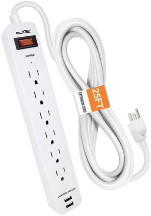6-Outlet + 2 USB 1050 Joule Surge Protector Power Strip with 25-Ft Long Extension Cord, White, UL Listed 6-Outlet + 2 USB 1050 Joule Surge Protector Power Strip with 25-Ft Long Extension Cord, White, UL Listed