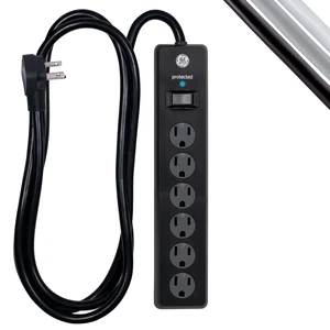 6-Outlet Sur Protector, 2 Pack, 6 Ft Extension Cord, Power Strip, 800 Joules, Flat Plug, Twist-to-Close Safety Covers, Protected Indicator Light, UL Listed, Black, 54654 6-Outlet Sur Protector, 2 Pack, 6 Ft Extension Cord, Power Strip, 800 Joules, Flat Plug, Twist-to-Close Safety Covers, Protected Indicator Light, UL Listed, Black, 54654