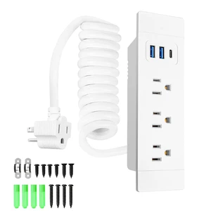 Drawer Charging Station with Outlet Extender, 5FT Spring Cable - White 3 AC Outlets, 2 USB-A & 1 USB-C Charging, Flexible Spring Cable, Flame Retardant Material, Drawer Installation Drawer Charging Station with Outlet Extender, 5FT Spring Cable - White 3 AC Outlets, 2 USB-A & 1 USB-C Charging, Flexible Spring Cable, Flame Retardant Material, Drawer Installation