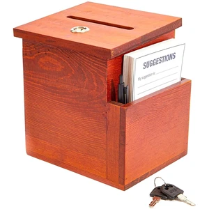 Wooden Suggestion Box with Slot - Secure Money Drop - Raffle Box for Events - 7.5 x 7.1 x 5.5 in, Brown, 50 Blank Cards & Pen Wooden Suggestion Box with Slot - Secure Money Drop - Raffle Box for Events - 7.5 x 7.1 x 5.5 in, Brown, 50 Blank Cards & Pen