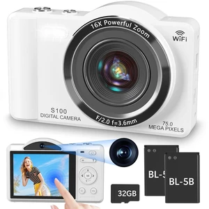 4K Digital Camera for Photography, Vlogging Cameras for YouTube with WiFi, Autofocus Touchscreen Point and Shoot Digital Camera for Beginner with 16X Zoom, 32GB Card, 2 Batteries, White 4K Digital Camera for Photography, Vlogging Cameras for YouTube with WiFi, Autofocus Touchscreen Point and Shoot Digital Camera for Beginner with 16X Zoom, 32GB Card, 2 Batteries, White