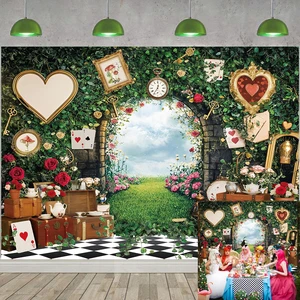 Wonderland Tea Party Backdrop Green Leaves Rose Flowers Checkerboard Fairy Tale Photography Background Princess Girls Baby Shower Birthday Party Decorations Banner Portrait Photo Props (7x5FT) Wonderland Tea Party Backdrop Green Leaves Rose Flowers Checkerboard Fairy Tale Photography Background Princess Girls Baby Shower Birthday Party Decorations Banner Portrait Photo Props (7x5FT)
