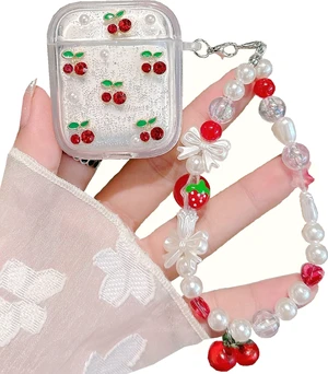 3D Cherry Case with Keychain for AirPods 2/1 Generation,Clear Diamonds Aesthetic Shockproof Cover with Cute Pearl Strap Keychain for Women Girls Protective Cover 3D Cherry Case with Keychain for AirPods 2/1 Generation,Clear Diamonds Aesthetic Shockproof Cover with Cute Pearl Strap Keychain for Women Girls Protective Cover