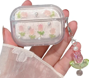 3D Tulip for AirPods Pro 3 Case with Keychain, Clear Glitter Pink Floral Design, Shockproof Protective Cover for Women Girls with Flower Charm Strap 3D Tulip for AirPods Pro 3 Case with Keychain, Clear Glitter Pink Floral Design, Shockproof Protective Cover for Women Girls with Flower Charm Strap