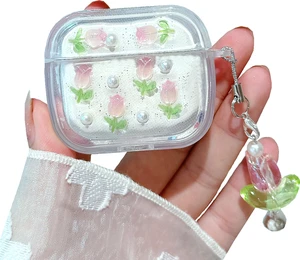 3D Tulip for AirPods 3 Case with Keychain, Clear Glitter Pink Floral Design, Shockproof Protective Cover for Women Girls with Flower Charm Strap 3D Tulip for AirPods 3 Case with Keychain, Clear Glitter Pink Floral Design, Shockproof Protective Cover for Women Girls with Flower Charm Strap