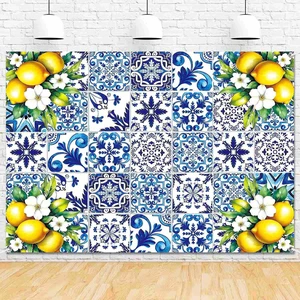 8x6ft Blue White Lemon Backdrop Birthday Decorations Summer Italian Blue Tiles Lemon Themed Party Decor Props for Bridal Shower Baby Shower Photography Background 8x6ft Blue White Lemon Backdrop Birthday Decorations Summer Italian Blue Tiles Lemon Themed Party Decor Props for Bridal Shower Baby Shower Photography Background