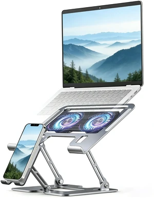 Laptop & Phone 2-in-1 Cooling Stand with Silent Fan, Adjustable Height & Angle, Carbon Steel Foldable Laptop Riser, Gaming Laptop Cooler Pad for Laptops Up to 18 Inch (Silver) Laptop & Phone 2-in-1 Cooling Stand with Silent Fan, Adjustable Height & Angle, Carbon Steel Foldable Laptop Riser, Gaming Laptop Cooler Pad for Laptops Up to 18 Inch (Silver)
