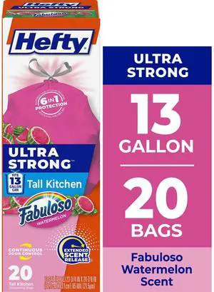 Hefty Ultra Strong 13 Gallon Trash Bags, Tall Kitchen Trash Bags, Pink, Fabuloso Watermelon Scent, 20 Bags Hefty Ultra Strong 13 Gallon Trash Bags, Tall Kitchen Trash Bags, Pink, Fabuloso Watermelon Scent, 20 Bags
