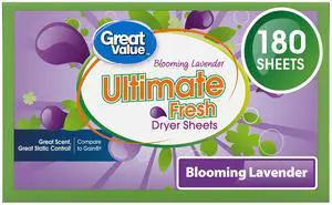 Great Value Ultimate Fresh Dryer Sheets, Blooming Lavender, 180 Count, Compare to Gain® Great Value Ultimate Fresh Dryer Sheets, Blooming Lavender, 180 Count, Compare to Gain®