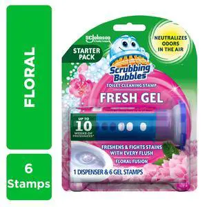 Scrubbing Bubbles Fresh Gel Toilet Cleaning Stamp, Floral Fusion, Dispenser with 6 Gel Stamps, 1.34 oz Scrubbing Bubbles Fresh Gel Toilet Cleaning Stamp, Floral Fusion, Dispenser with 6 Gel Stamps, 1.34 oz