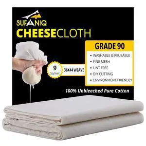 Sufaniq 90 Grade (9 sq ft) 100% Pure Cotton Reusable Cheesecloth, Unbleached Ultra-Fine Fabric for Filtering, Premium Butter Muslin - 1 sq yd Sufaniq 90 Grade (9 sq ft) 100% Pure Cotton Reusable Cheesecloth, Unbleached Ultra-Fine Fabric for Filtering, Premium Butter Muslin - 1 sq yd