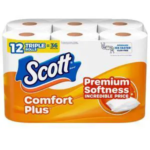 Scott ComfortPlus Bathroom Tissue, 12 Rolls, 231 Sheets Per Roll, Septic Safe, 1-Ply Scott ComfortPlus Bathroom Tissue, 12 Rolls, 231 Sheets Per Roll, Septic Safe, 1-Ply