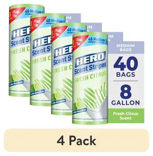 Hero Scent Stripes 8-Gallon Citrus Scented Medium Flap Tie Trash Bags, 40 Count, 4 Pack Hero Scent Stripes 8-Gallon Citrus Scented Medium Flap Tie Trash Bags, 40 Count, 4 Pack