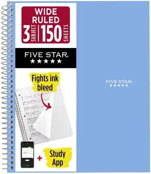 Five Star 73184 Spiral Notebook With Study App, 3 Subject, Wide Ruled, 8" x 10-1/2", 150 Sheets, Water Resistant Cover, Fights Ink Bleed, Tidewater Blue Five Star 73184 Spiral Notebook With Study App, 3 Subject, Wide Ruled, 8" x 10-1/2", 150 Sheets, Water Resistant Cover, Fights Ink Bleed, Tidewater Blue