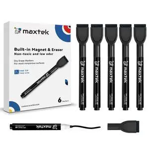 Maxtek Magnetic Black Dry Erase Markers, 6 Count, Fine Tip, with Eraser, Low Odor for Classroom, Office, Home Maxtek Magnetic Black Dry Erase Markers, 6 Count, Fine Tip, with Eraser, Low Odor for Classroom, Office, Home