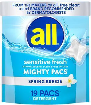 All Sensitive Fresh Mighty Pacs Spring Breeze Scented Laundry Detergent, 19 Count All Sensitive Fresh Mighty Pacs Spring Breeze Scented Laundry Detergent, 19 Count