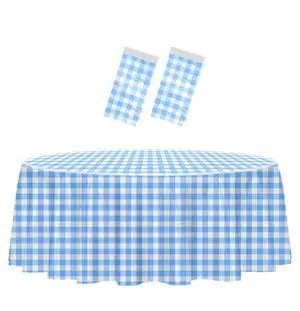 HEIPINIUYE 2 Pack Blue and White Gingham Plastic Disposable Tablecloth 84 x 84 for Round Tables Party Picnic Camping Birthday HEIPINIUYE 2 Pack Blue and White Gingham Plastic Disposable Tablecloth 84 x 84 for Round Tables Party Picnic Camping Birthday