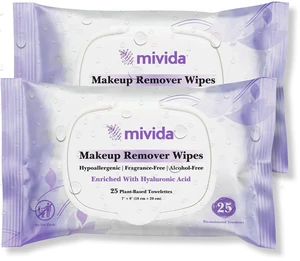 Mivida Hypoallergenic Makeup Remover Wipes with Hyaluronic Acid, Dermatologist Tested, Alcohol-Free, Fragrance-Free, for Sensitive Skin, Travel Friendly, 2 x 25 Count Mivida Hypoallergenic Makeup Remover Wipes with Hyaluronic Acid, Dermatologist Tested, Alcohol-Free, Fragrance-Free, for Sensitive Skin, Travel Friendly, 2 x 25 Count