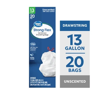 Great Value 13gal Strong Flex Tall Kitchen Drawstring Bags, Unscented, 20 Bags Great Value 13gal Strong Flex Tall Kitchen Drawstring Bags, Unscented, 20 Bags