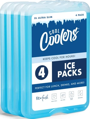 Cool Coolers by Fit & Fresh 4 Pack XL Slim Ice Packs, Quick Freeze Space Saving Reusable Ice Packs for Lunch Boxes or Coolers Cool Coolers by Fit & Fresh 4 Pack XL Slim Ice Packs, Quick Freeze Space Saving Reusable Ice Packs for Lunch Boxes or Coolers
