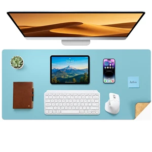 Aothia Double-Sided Desk Pad 37.8"x17" Leather Desk Mat with Eco Cork Protector, Large Mouse Pad, Waterproof Desk Blotter for Office/Home (Blue Topaz) Aothia Double-Sided Desk Pad 37.8"x17" Leather Desk Mat with Eco Cork Protector, Large Mouse Pad, Waterproof Desk Blotter for Office/Home (Blue Topaz)