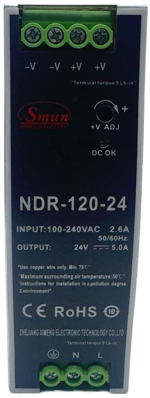 NDR-120-24 120W 24V 5A DIN Rail Mountable Fanless Single Output Power Supply for Industrial Automation, PLC Systems, Sensors, and Control Devices NDR-120-24 120W 24V 5A DIN Rail Mountable Fanless Single Output Power Supply for Industrial Automation, PLC Systems, Sensors, and Control Devices