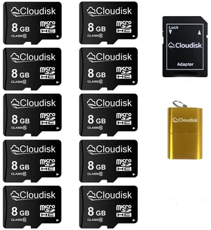 Cloudisk Pack of 10 Micro SD Card 8GB Flash Memory Card C10 A1 U1 Micro SDHC with SD Adapter, Card Reader (8GB) Cloudisk Pack of 10 Micro SD Card 8GB Flash Memory Card C10 A1 U1 Micro SDHC with SD Adapter, Card Reader (8GB)