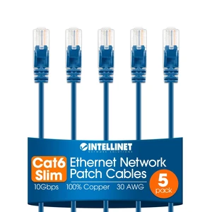 Intellinet Cat6 Slim UTP Ethernet Patch Cable 5-Pack, 25 ft, Blue Intellinet Cat6 Slim UTP Ethernet Patch Cable 5-Pack, 25 ft, Blue