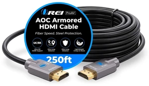 OREI 8K HDMI 2.1 Armored AOC Cable 250ft, 48Gbps, 8K@60Hz, HDR, eARC OREI 8K HDMI 2.1 Armored AOC Cable 250ft, 48Gbps, 8K@60Hz, HDR, eARC
