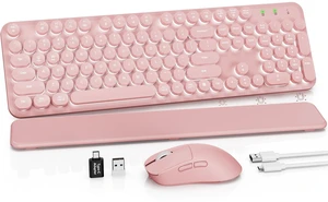 Rechargeable Backlit Wireless Keyboard and Mouse Combo, Retro Typewriter Keyboard with Magnetic Wrist Rest, Light Up Letters, 2.4GHz Cordless Connection for Mac, Windows PC, Laptop (Glowing Pin Rechargeable Backlit Wireless Keyboard and Mouse Combo, Retro Typewriter Keyboard with Magnetic Wrist Rest, Light Up Letters, 2.4GHz Cordless Connection for Mac, Windows PC, Laptop (Glowing Pin