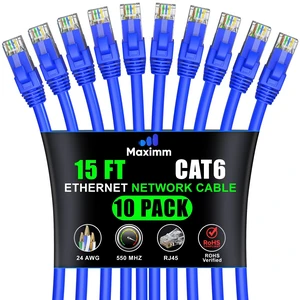 Maximm Cat6 Ethernet Cable 15 Ft, 10 Gbps 550 MHz, Blue, 10 Pack Maximm Cat6 Ethernet Cable 15 Ft, 10 Gbps 550 MHz, Blue, 10 Pack