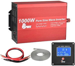GSL Spark Pure Sine Wave Power Inverter 1000W Rated Power and 2000W Surge Power, DC12V to AC110V 60Hz, with 4 AC Output receptacles, USB and LCD Remote Display. GSL Spark Pure Sine Wave Power Inverter 1000W Rated Power and 2000W Surge Power, DC12V to AC110V 60Hz, with 4 AC Output receptacles, USB and LCD Remote Display.