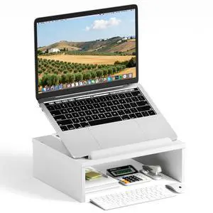 Adjustable Wood Laptop Stand with Storage Space - Notebook Organizer & Ergonomic Computer Riser, Wrist Rest Included, Compatible with 9.8-15'' Laptops (MacBook Air Pro/HP/Dell/Lenovo),White Adjustable Wood Laptop Stand with Storage Space - Notebook Organizer & Ergonomic Computer Riser, Wrist Rest Included, Compatible with 9.8-15'' Laptops (MacBook Air Pro/HP/Dell/Lenovo),White