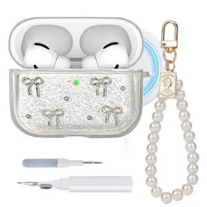 Clear Case for Airpods Pro 3,with Wristlet Keychain & Cleaning Kit | Compatible with MagSafe | TPU Material | Bow Pattern | Sparkle | Shockproof Clear Case for Airpods Pro 3,with Wristlet Keychain & Cleaning Kit | Compatible with MagSafe | TPU Material | Bow Pattern | Sparkle | Shockproof
