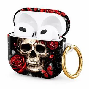 Hard Case Compatible with AirPod 4 2024, Shockproof Protective Cover for Airpod 4th Generation with Gold Ring Keychain, Cute Aesthetic Design for Women(Skull Rose Butterfly Floral Black Red) Hard Case Compatible with AirPod 4 2024, Shockproof Protective Cover for Airpod 4th Generation with Gold Ring Keychain, Cute Aesthetic Design for Women(Skull Rose Butterfly Floral Black Red)