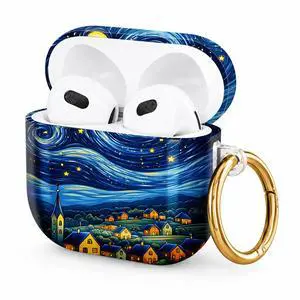 Hard Case Compatible with AirPod 4 2024, Shockproof Protective Cover for Airpod 4th Generation with Gold Ring Keychain, Cute Aesthetic Design for Women(Starry Night Village Sky) Hard Case Compatible with AirPod 4 2024, Shockproof Protective Cover for Airpod 4th Generation with Gold Ring Keychain, Cute Aesthetic Design for Women(Starry Night Village Sky)
