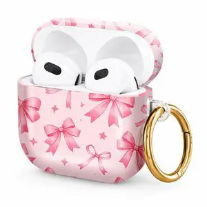 Hard Case Compatible with AirPod 4 2024, Shockproof Protective Cover for Airpod 4th Generation with Gold Ring Keychain, Cute Aesthetic Design for Women(Pink Ribbons Stars) Hard Case Compatible with AirPod 4 2024, Shockproof Protective Cover for Airpod 4th Generation with Gold Ring Keychain, Cute Aesthetic Design for Women(Pink Ribbons Stars)