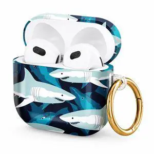 Hard Case Compatible with AirPod 4 2024, Shockproof Protective Cover for Airpod 4th Generation with Gold Ring Keychain, Cute Aesthetic Design for Women(Shark Blue Ocean) Hard Case Compatible with AirPod 4 2024, Shockproof Protective Cover for Airpod 4th Generation with Gold Ring Keychain, Cute Aesthetic Design for Women(Shark Blue Ocean)