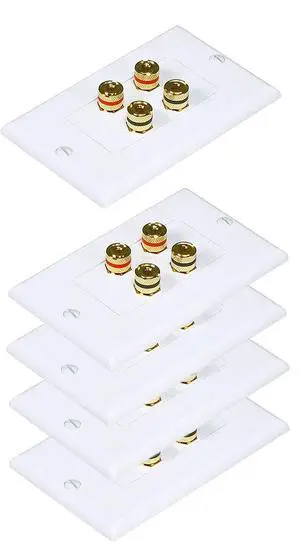 Premium 4 Connector Banana Wall Plate - Banana Plug Binding Post Wall Plate for 2 Speakers (5 Pack) Premium 4 Connector Banana Wall Plate - Banana Plug Binding Post Wall Plate for 2 Speakers (5 Pack)