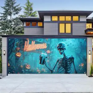 Halloween Skeleton Garage Door Cover 13x6ft Polyester | grim reaperPolyester, funny skeleton drinking beverage design Garage Door Cover for casual Halloween decor, fun parties yard Halloween Skeleton Garage Door Cover 13x6ft Polyester | grim reaperPolyester, funny skeleton drinking beverage design Garage Door Cover for casual Halloween decor, fun parties yard