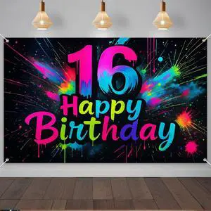 Neon 16th Birthday Banner 71x43 Inch Colorful Graffiti | Polyester Neon 16th Birthday Colorful Graffiti Happy design for birthday party wall display and photo booth celebration decor Neon 16th Birthday Banner 71x43 Inch Colorful Graffiti | Polyester Neon 16th Birthday Colorful Graffiti Happy design for birthday party wall display and photo booth celebration decor