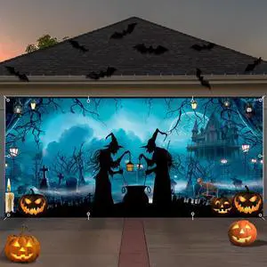 Halloween Garage Door Cover Banner 7x16ft Haunted House Witch Scary Graveyard Cemetery Decorations Backdrop Background for Outdoor Indoor Holiday Party Wall Home Window Yard Halloween Garage Door Cover Banner 7x16ft Haunted House Witch Scary Graveyard Cemetery Decorations Backdrop Background for Outdoor Indoor Holiday Party Wall Home Window Yard