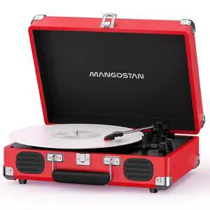 Cherry Red Bluetooth Suitcase Record Player, 3-Speed Turntable | Add retro style to your space with Bluetooth, 3-speed vinyl playback, built-in speakers, AUX input and RCA output Cherry Red Bluetooth Suitcase Record Player, 3-Speed Turntable | Add retro style to your space with Bluetooth, 3-speed vinyl playback, built-in speakers, AUX input and RCA output