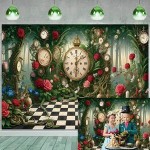 Halloween Wonderland Backdrop Tea Party Enchanted Garden Floral Green Grass Fairy Clock Checkerboard Photography Background Baby Shower Newborn Kids Birthday Party Banner Photo Props 7x5FT Halloween Wonderland Backdrop Tea Party Enchanted Garden Floral Green Grass Fairy Clock Checkerboard Photography Background Baby Shower Newborn Kids Birthday Party Banner Photo Props 7x5FT