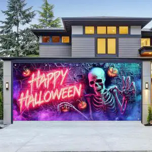 Garage Door Cover 13x6ft Polyester Halloween Banner | Polyester, neon skull and pumpkins Garage Door Cover for seasonal, garage and outdoor party decor Garage Door Cover 13x6ft Polyester Halloween Banner | Polyester, neon skull and pumpkins Garage Door Cover for seasonal, garage and outdoor party decor