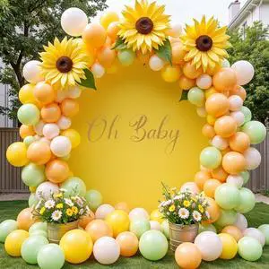 7.2FT Yellow Round Backdrop Cover with Oh Baby Decal Sign for 5-7.2ft Circle Arch Stand - Thick Fitted Spandex Circle Backdrop Cover for Baby Shower, Wedding, Birthday Party and Photography 7.2FT Yellow Round Backdrop Cover with Oh Baby Decal Sign for 5-7.2ft Circle Arch Stand - Thick Fitted Spandex Circle Backdrop Cover for Baby Shower, Wedding, Birthday Party and Photography