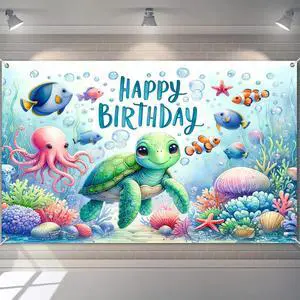Happy Birthday Banner Under The Sea Backdrop 120x84 Inch | Ocean Animals Theme Party Background Decoration with Turtle Octopus for Kids Girls Boys Celebration Large Happy Birthday Banner Under The Sea Backdrop 120x84 Inch | Ocean Animals Theme Party Background Decoration with Turtle Octopus for Kids Girls Boys Celebration Large