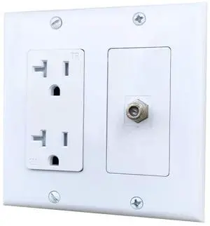 20Amp Power Outlet with 1 Port Coax Insert Wall Plate - Electrical Outlet and Coaxial Cable TV Cover Plate for Wall Mount TV - White 20Amp Power Outlet with 1 Port Coax Insert Wall Plate - Electrical Outlet and Coaxial Cable TV Cover Plate for Wall Mount TV - White